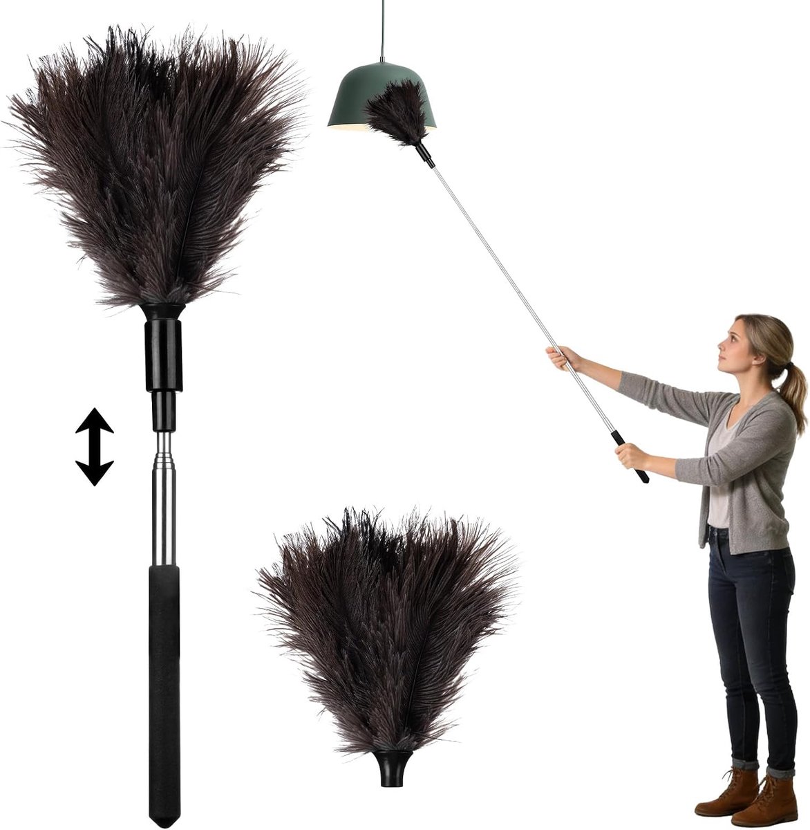 SnelShoppen - Extendabele Struisvogelveren Duster 38-85 cm, Zachte Natuurlijke Veerschoonmaker voor Stof, Spinrag, Hoge Plafonds, Ventilatoren, Jaloez