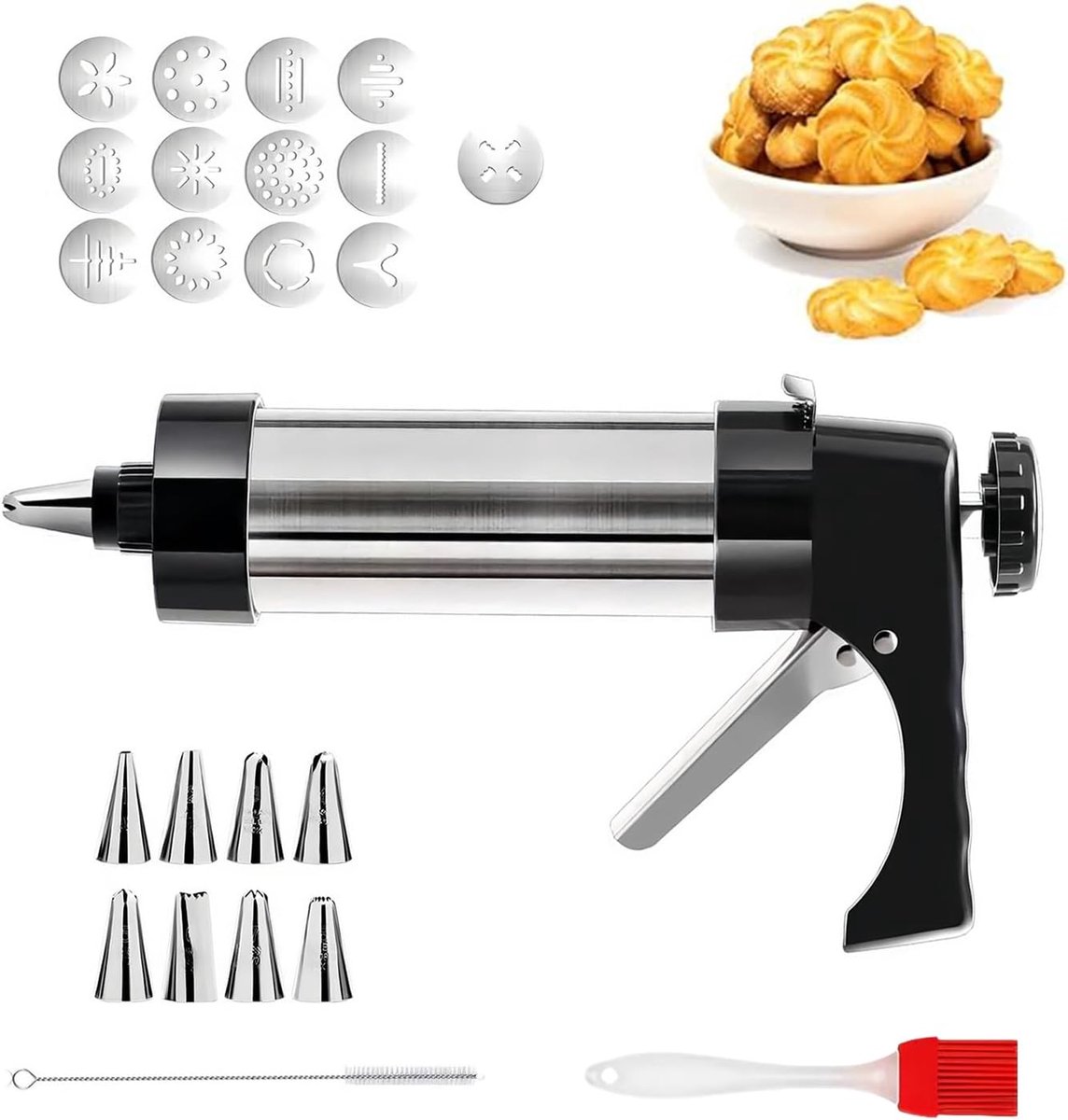 Koekjespers RVS met 13 Stencils - Decoratieve Nozzles - Inclusief Schoonmaakaccessoires - Voor Creatieve Taarten - ShopVlot