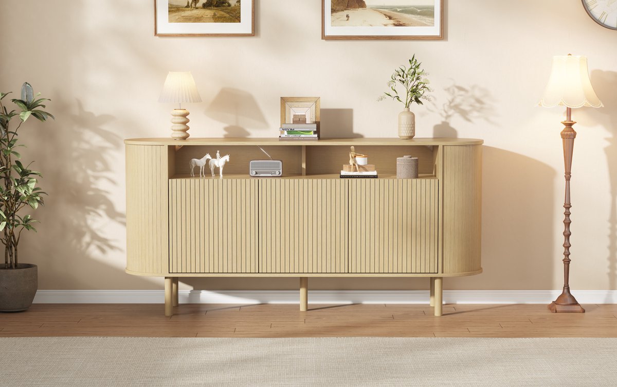 FloraGrace Dressoir - 3 Welfdeuren En Open Vakken - Voor Woonkamer, Hal En Eetkamer - Spaanplaat En Hout - 160x40x78.5 Cm - Naturel