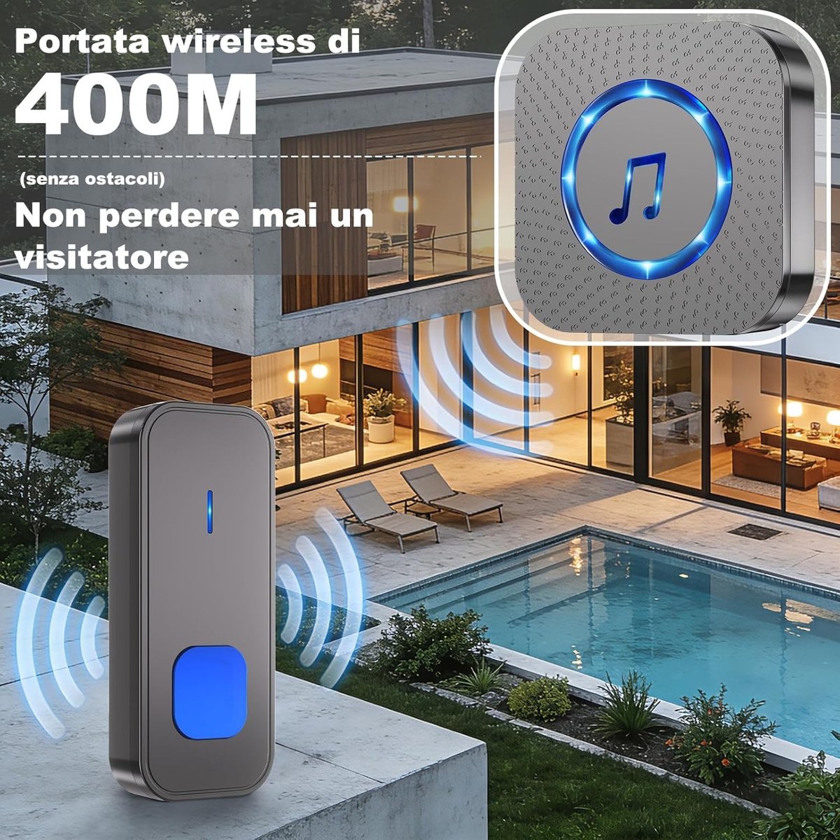 Draadloze Deurbel - Zwart - 400 m Bereik - Waterdichte Set met Plug-in Ontvanger en Zender - Voor Buiten