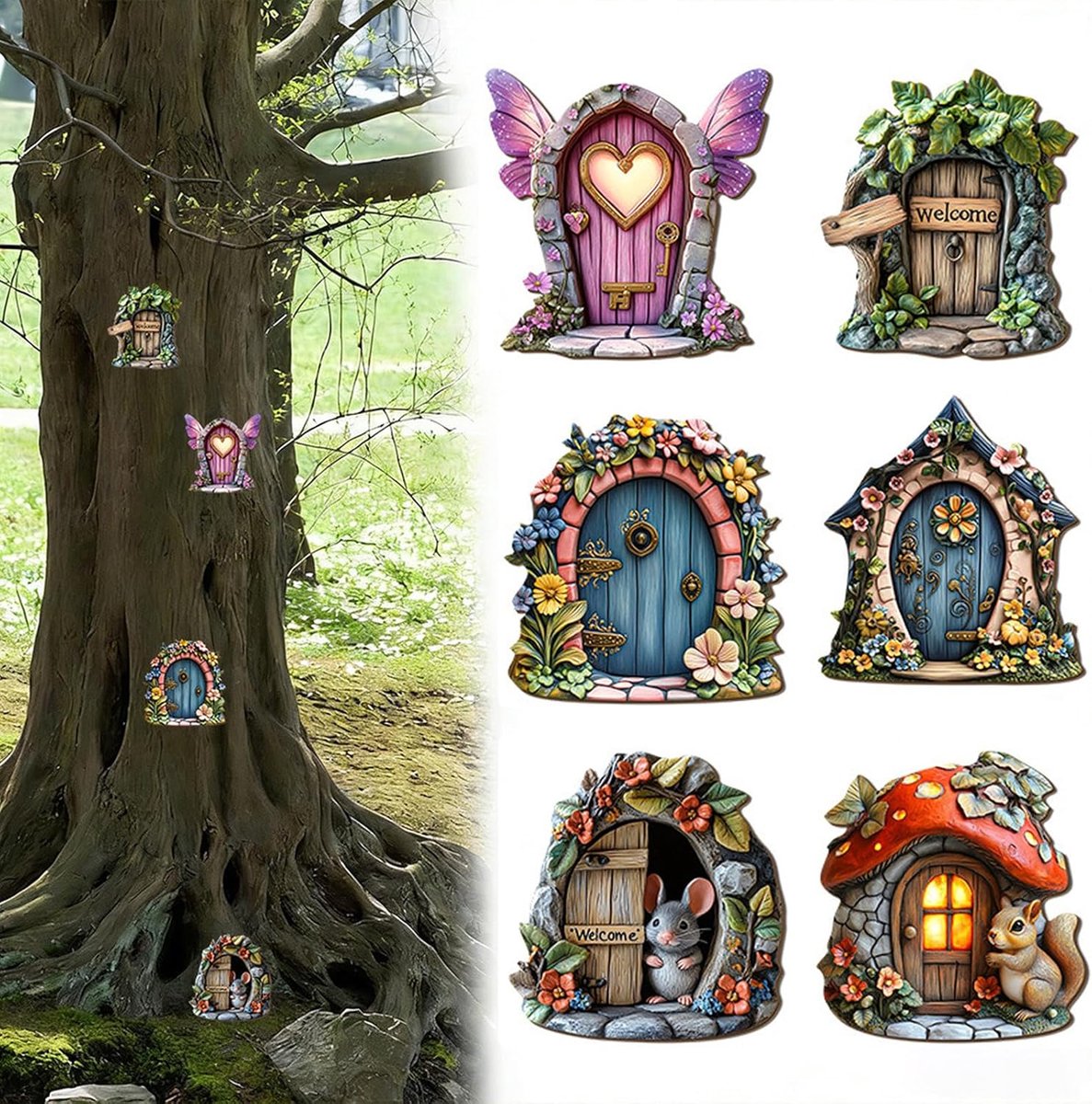 SnelShoppen - 6 Stuks Houten Fee Deuren Miniatuur Tuin Decoratie 2D Deur Kunstaccessoires Voor Buitengebruik Magische Tuin Decoratie