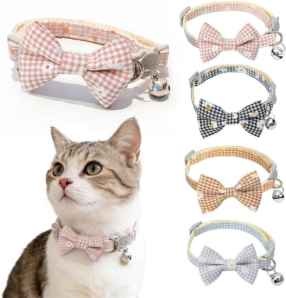 Verstelbare kattenhalsbanden met strik en madeliefjespatroon, 4-pack, veiligheidsgesp, afneembare bellen, 19-30 cm, ideaal voor kattenliefhebbers.