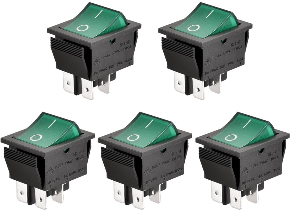 SnelShoppen - Rocker Schakelaar ON-OFF DPST 4 Terminals Groene Lamp 16A 250VAC 5-Pack voor Tuin, Keuken, Feest en Handige Toepassingen
