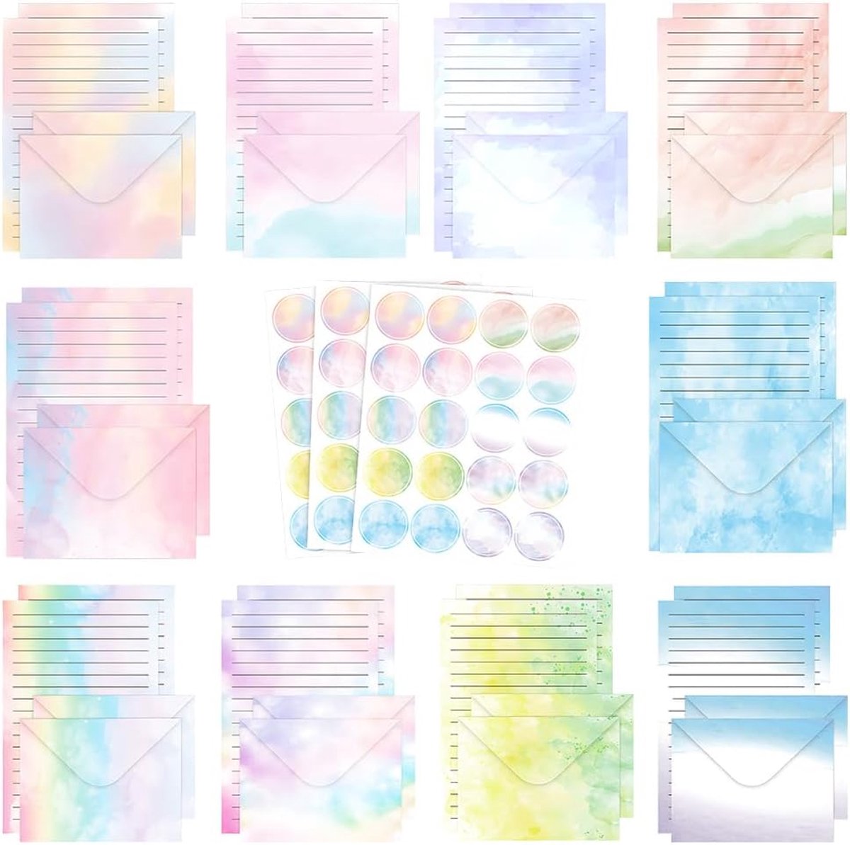 SnelShoppen - 160-delige Waterverf Stationery Set - 50 Vellen Papier, 50 Enveloppen, 3 Grote Stickers - Perfect voor Persoonlijke Notities, Dagboeken,