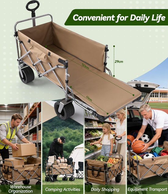 Bolderkar Opvouwbaar - Draagwagen Tuin - Buitenshuis Transport - Met Plaatsmat - 93x82x53 cm - Kaki van Bolderkar Opvouwbaar — afbeelding 5
