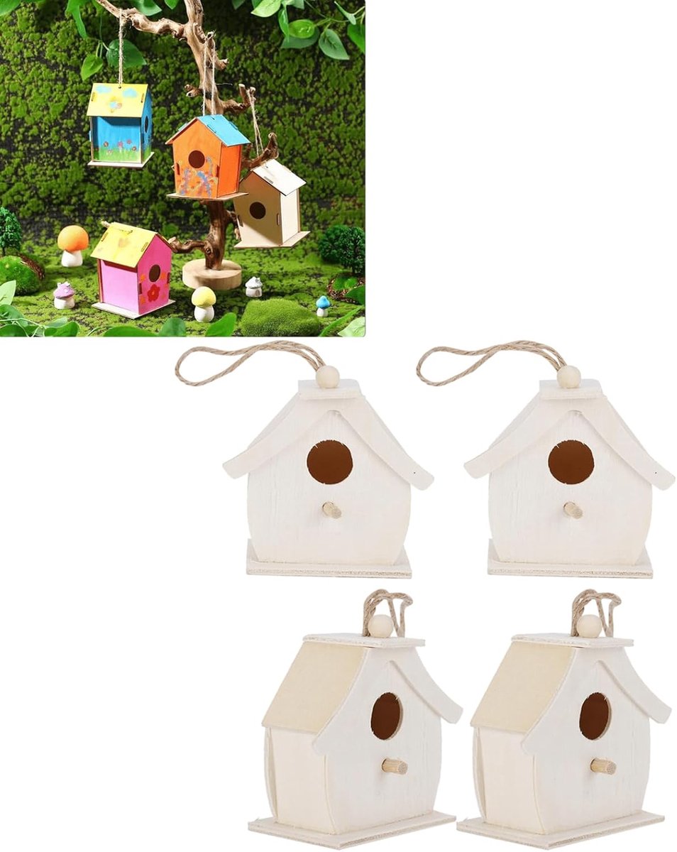 SnelShoppen - 4 Stuks Mini Houten Vogelhuisjes, Hangende Vogel Nesten, Houten Vogelhuisje Nestkast voor Buiten Tuin Balkon Binnenplaats