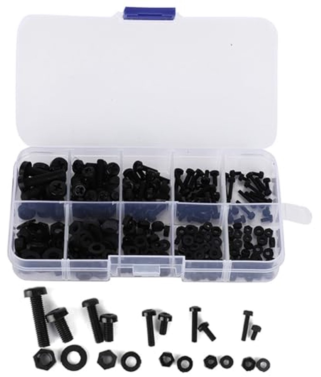 SnelShoppen - 270-delige M2 M2.5 M3 M4 M5 Nylon Schroef Moer Washerset - Assortiment Kit met Zwarte Schroeven, Moeren en Platte Ringen - Perfect voor
