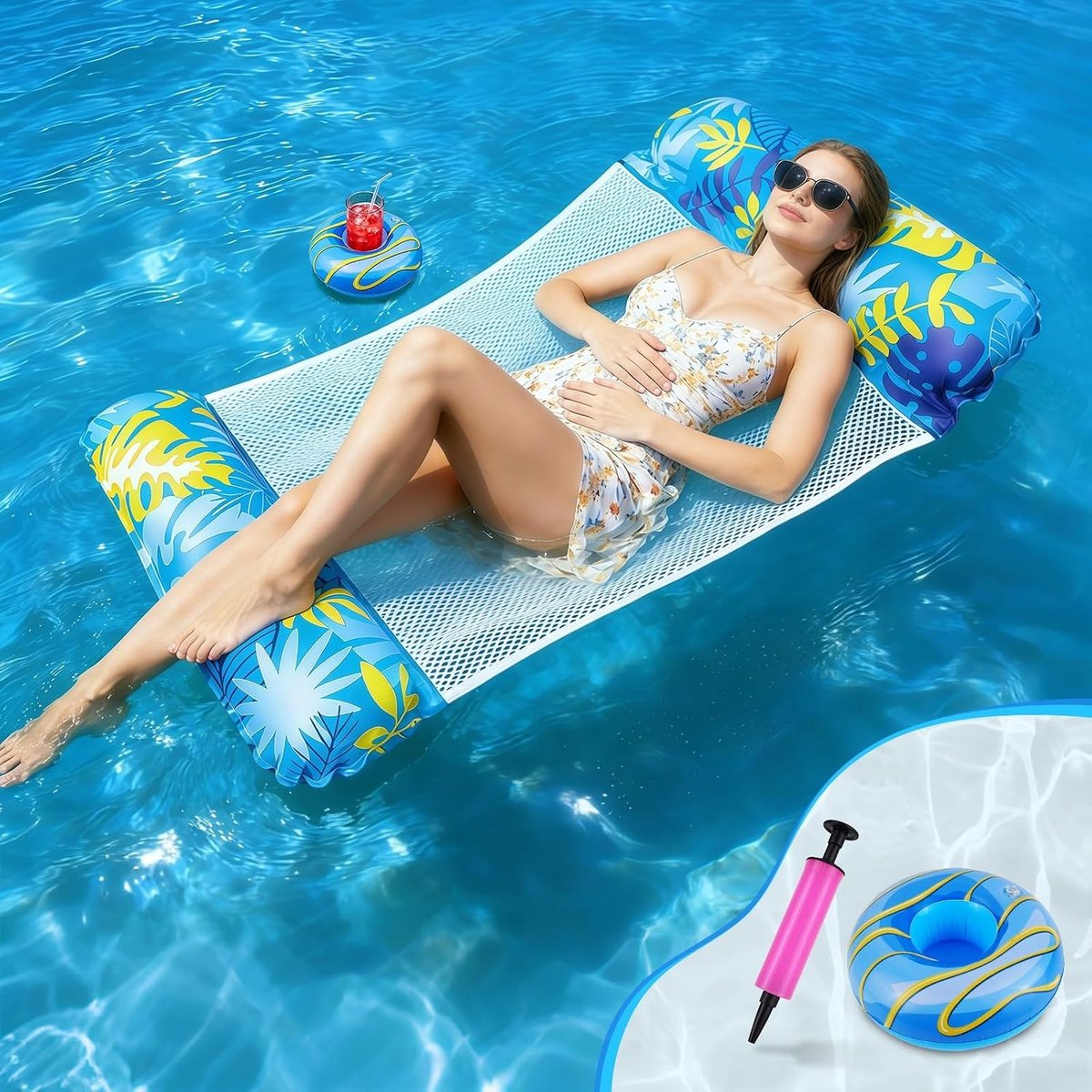Luchtmatras voor zwembad - Blauw - 135 x 70 cm - 4-in-1 Waterhangmat met Bekerhouder - Voor Volwassenen