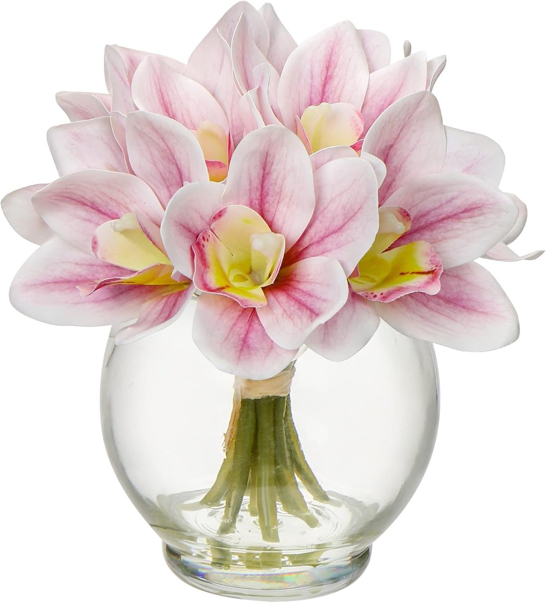 SnelShoppen - Kunstmatige Orchideeën Bloemen in Vaasje - Real Touch Roze Imitatie Cymbidium Orchideeën Arrangement met Glas Vaasje - Nepwater Decorati