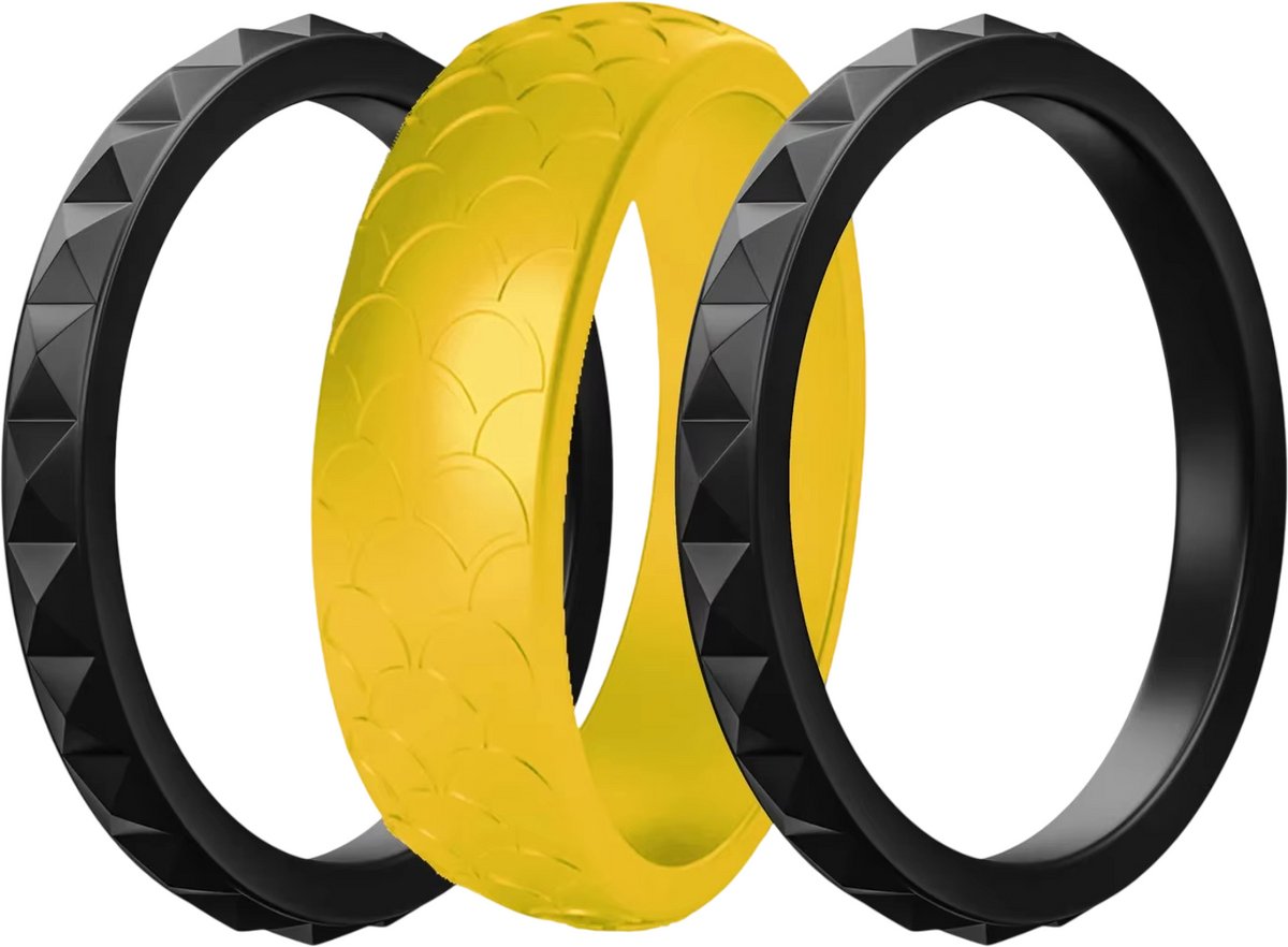Set van 3 Siliconen Ringen voor Dames – Flexibele Hypoallergene Sport Ringen, Trouwring Alternatief, Comfortabele Vinger Sieraden voor Dagelijks Gebruik - Geel en zwart - Maat 9