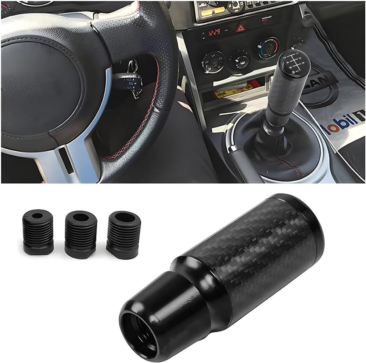 SnelShoppen - Auto 6 Versnellingen Versnellingspook Aluminium Carbon Fibre Versnellingsknop met 3 Adapters voor Handgeschakelde en Automatische Voertu