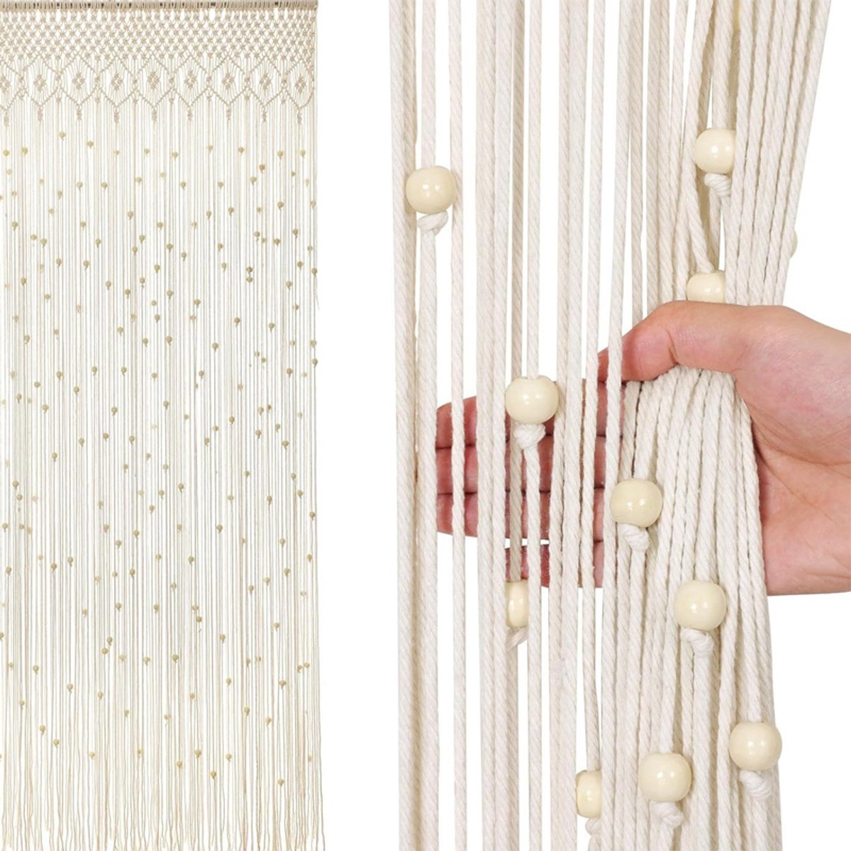 KZQ Geweven macramé kralen gordijn met houten kralen - 1 paneel 90x200 cm - Boheemse kamerdivider voor deur raam en kast - Privacy en decor voor slaapkamer en woonkamer - Gebroken wit