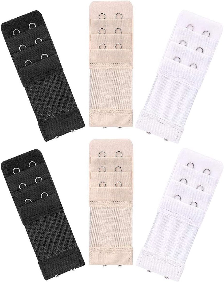 SnelShoppen - Bra Extensie Pack van 6 met 2 Haakjes en 3 Rijen - Zachte en Comfortabele Elastische Band voor Vrouwen (Zwart, Wit, Beige)