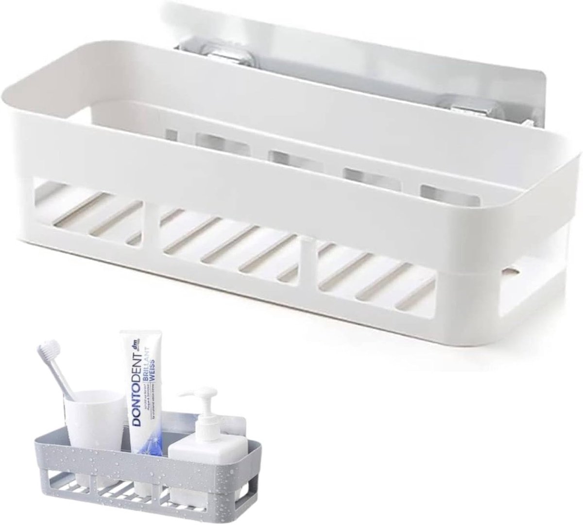 SnelShoppen - Wandplank Badkamer, Douche Caddy zonder Boren, Wandgemonteerde Badkamer Organizer, Plastic Douche Rek met Afvoer, Wit, Ideaal voor Badka