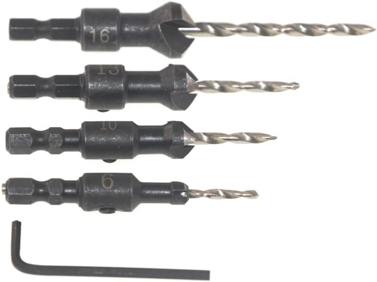 SnelShoppen - 5-delige Houtbewerking Countersink Boor Set, Holle Cutter, Gechamferd en Boren, Geïntegreerd Staal, Inclusief Inbussleutel 6 10 13 16