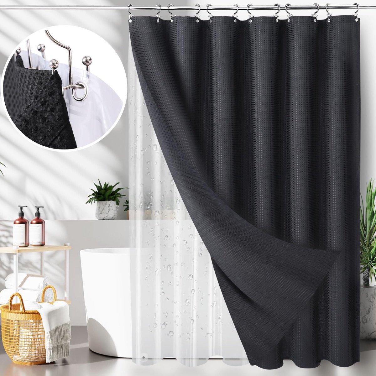 KZQ Waterdicht douchegordijn 180x180 cm met ringen - Wafelstructuur en verzwaard - Wasbaar en veelzijdig voor badkamer - Zwart