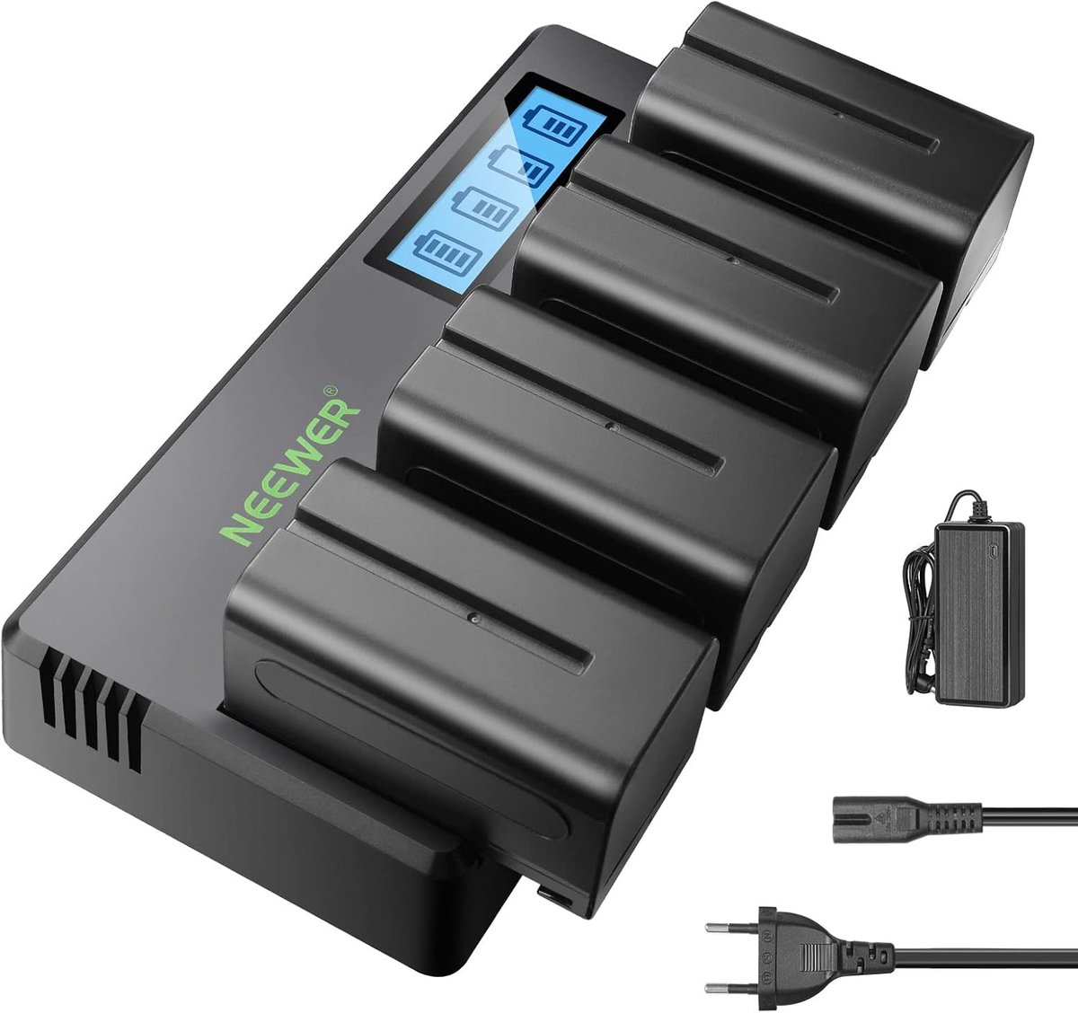 SnelShoppen - 4 NP F750 Vervangende Batterijen 7.4V 5600mAh met 4-Kanaals Oplader en Voeding voor Camcorder, Veldmonitor, Ringlicht en LED Videolicht