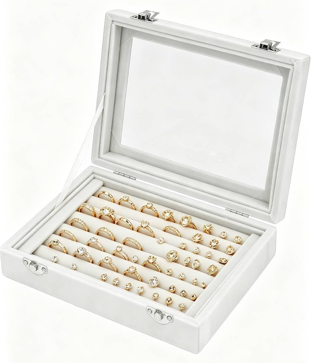 SnelShoppen - Tissting Ring Organizer Display Case - 7 Slots Velvet Sieraden Opbergdoos met Duidelijke Deksel voor Ringen, Oorbellen, Armbanden en Mee