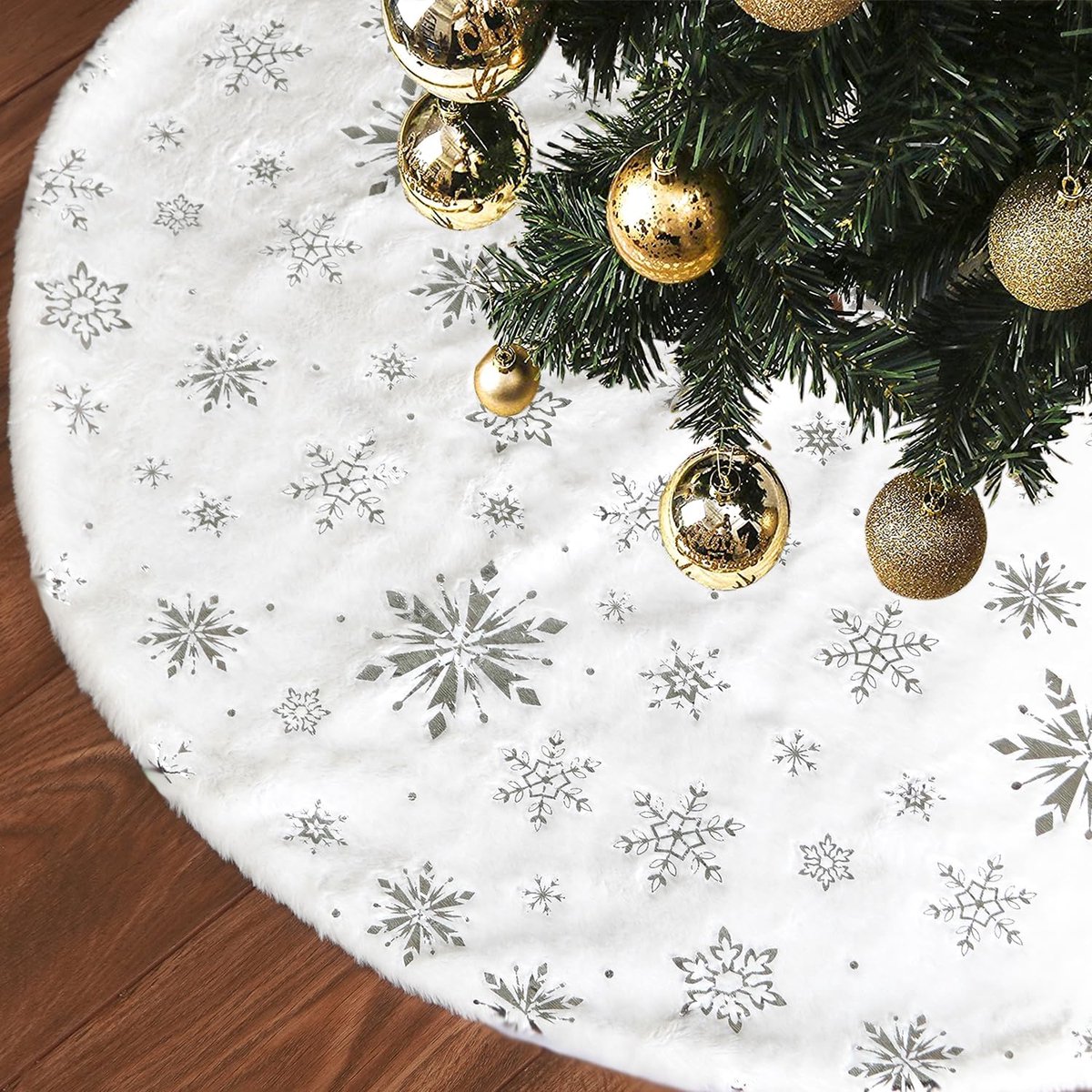SnelShoppen - Grote Kerstboomrok 122 cm - Zilveren Sneeuwvlokken - Luxe Nepbont Dikke Pluche Kerstboomrok voor Feestdagen - Perfect voor Kerst en Nieu