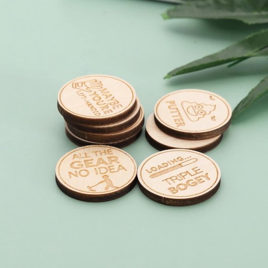VT Goods - Golf Fun Markers - Grappige Golf Accessoires - Houten Ballmarkers - Set van 8 - Uniek Ontwerp - Voor Golfliefhebbers - 25 x 3 mm van Merkloos — afbeelding 3