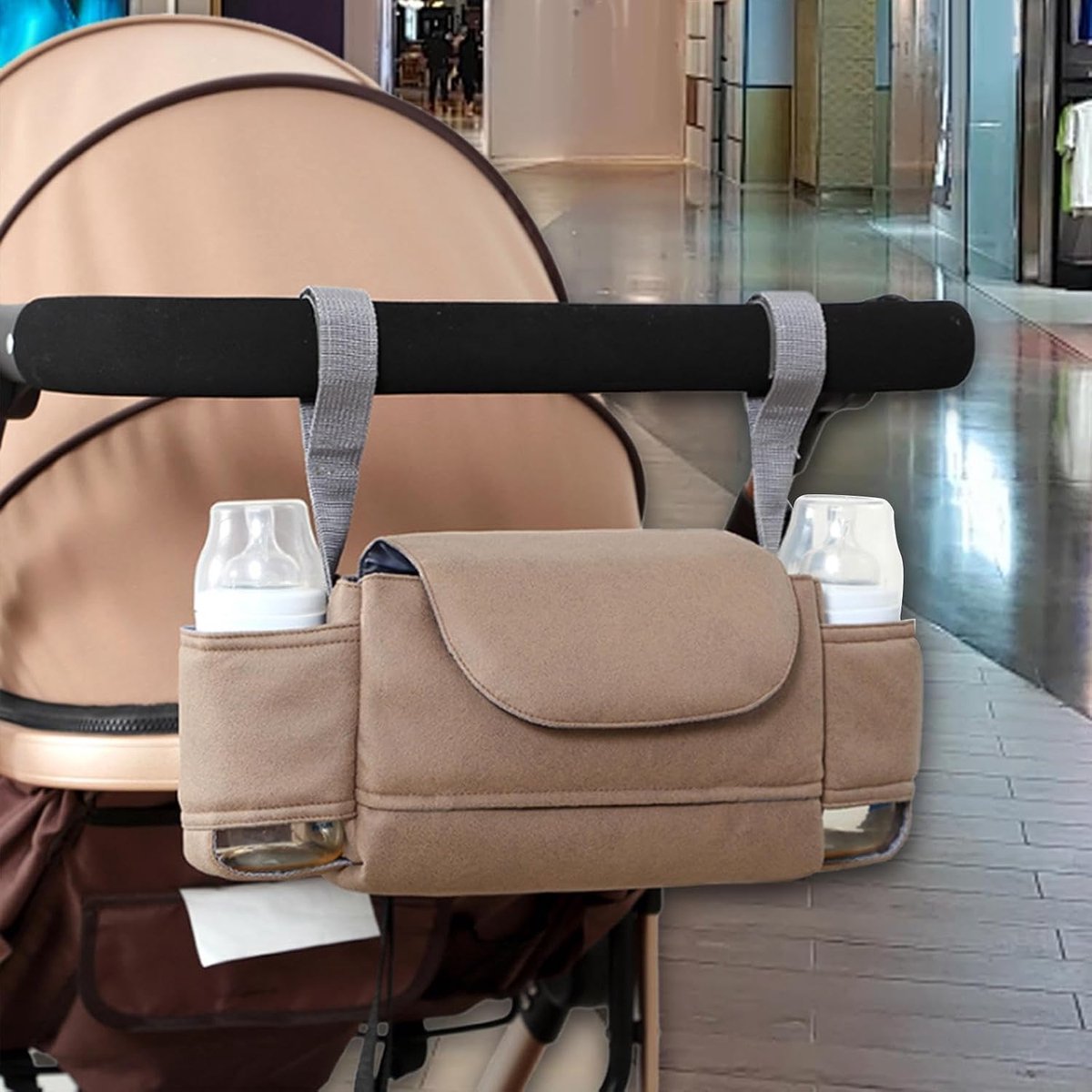 Universele opbergtas voor kinderwagen - Ophangbare luiertas voor in het autostoeltje met bekerhouder en tissuebox - Ophangbaar - Past op de meeste kinderwagens - Bruin