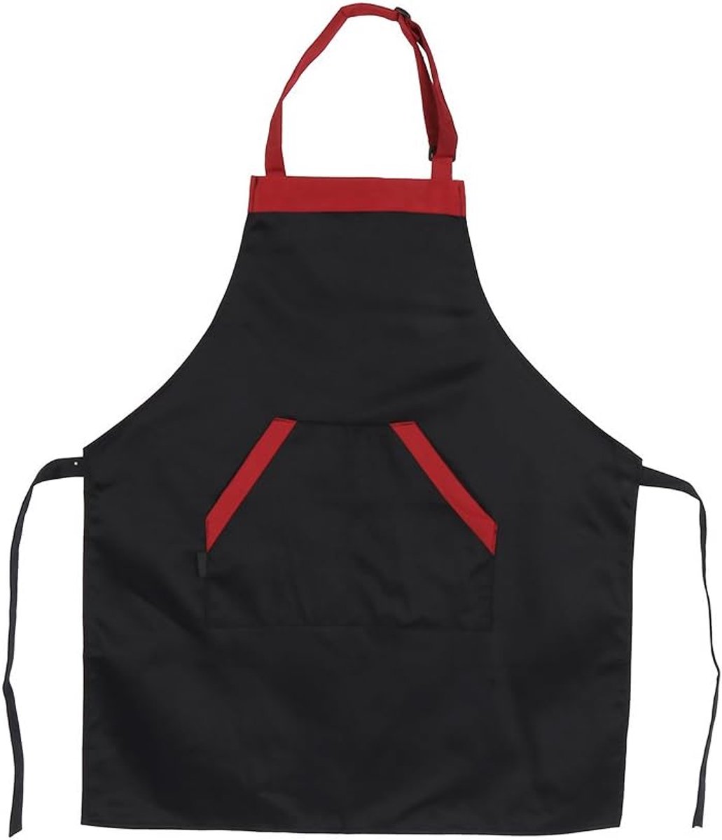 SnelShoppen - Multifunctionele Keuken Schort Dress met Verstelbare Halsband en 2 Zakjes voor Mannen en Vrouwen (Zwart Jurk met Rode Randen)