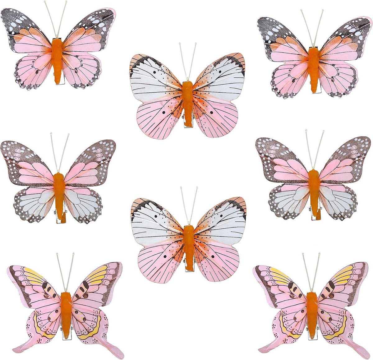 SnelShoppen - Decoratieve Vlinders met Klem voor Kleurige Decoratie (set van 8, roze-oranje, veren en tule, voor feest, tuin, kinderen, bloemen)