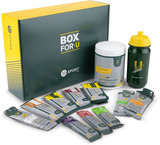 U-Sport cadeaubox 'BOX FOR U' met bidon en sportvoedingsproducten ernaast.