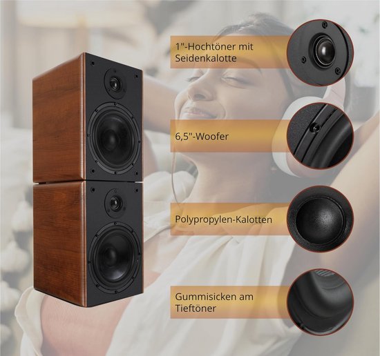 Boekenplankluidsprekers - Paar - Compacte boxen - Muziek luisteren - 2-weg systeem - 65 inch woofer - Bruine houtlook — afbeelding 2