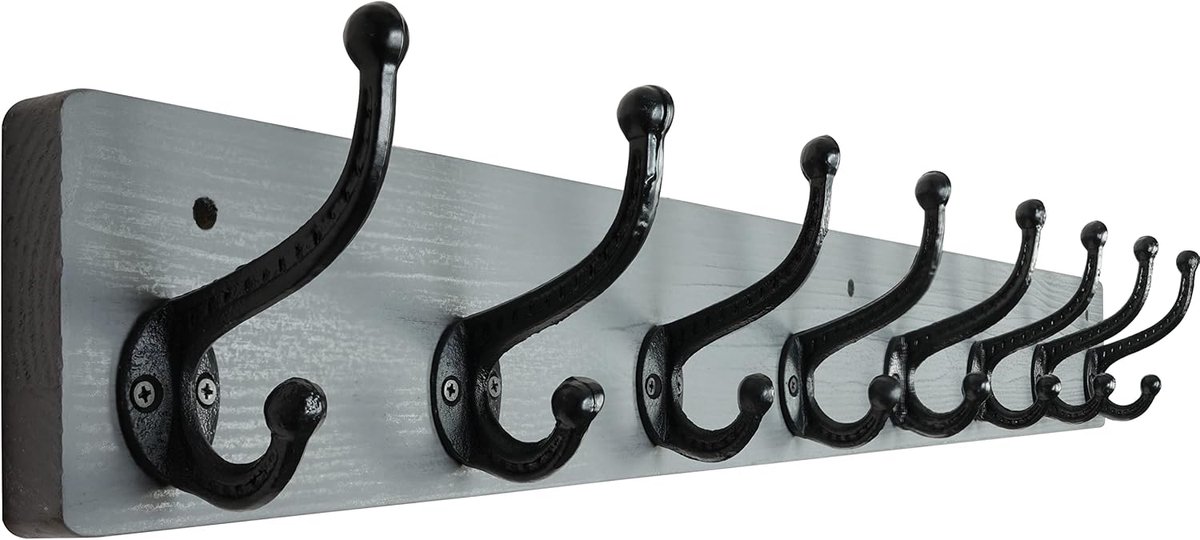 SnelShoppen - WEBI Houten Wandhaken, 8 Zware Gieten IJzeren Haken, Wandhangers voor Jassen, Grijs, Rustieke Stijl, 17,5" x 4,25" x 2,75"