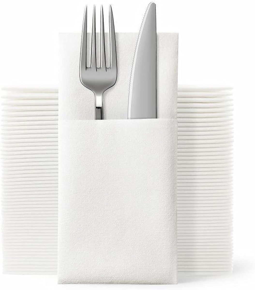 SnelShoppen - Wegwerpdoekjes 80 Stuks Met Ingebouwde Bestekzak, Feestelijke Witte Servetten, Voor Bruiloften, Dinners, Voorgevouwen voor Bestek, 16" x