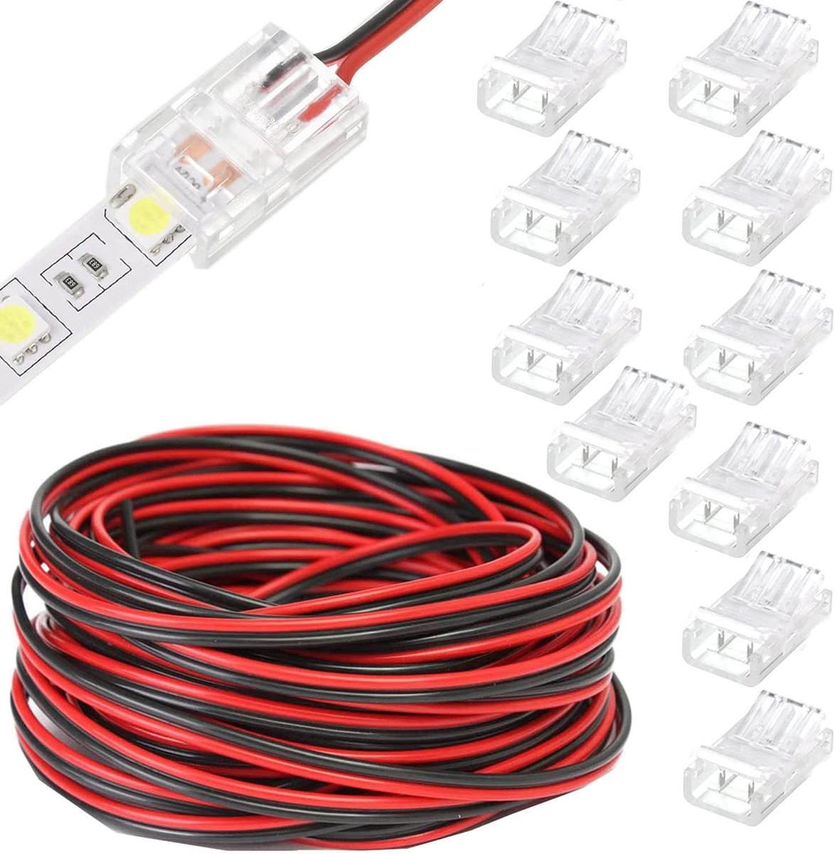 SnelShoppen - RGB LED Strip Connector Kit 2 Pin 10mm met 20M Verlengkabel - LED Verlichting Aansluitset zonder Gaten - Voor Snel Verbinden van LED Str