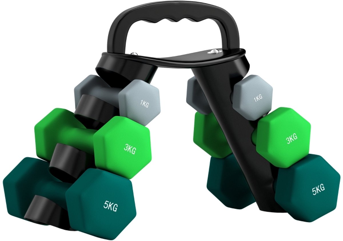 Set Halters met Standaard 3 Paar 1kg+3kg+5kg Multicolor Metaal Kunststof Gecoat Zeskantig Antislip 18,5kg voor Fitness Thuis