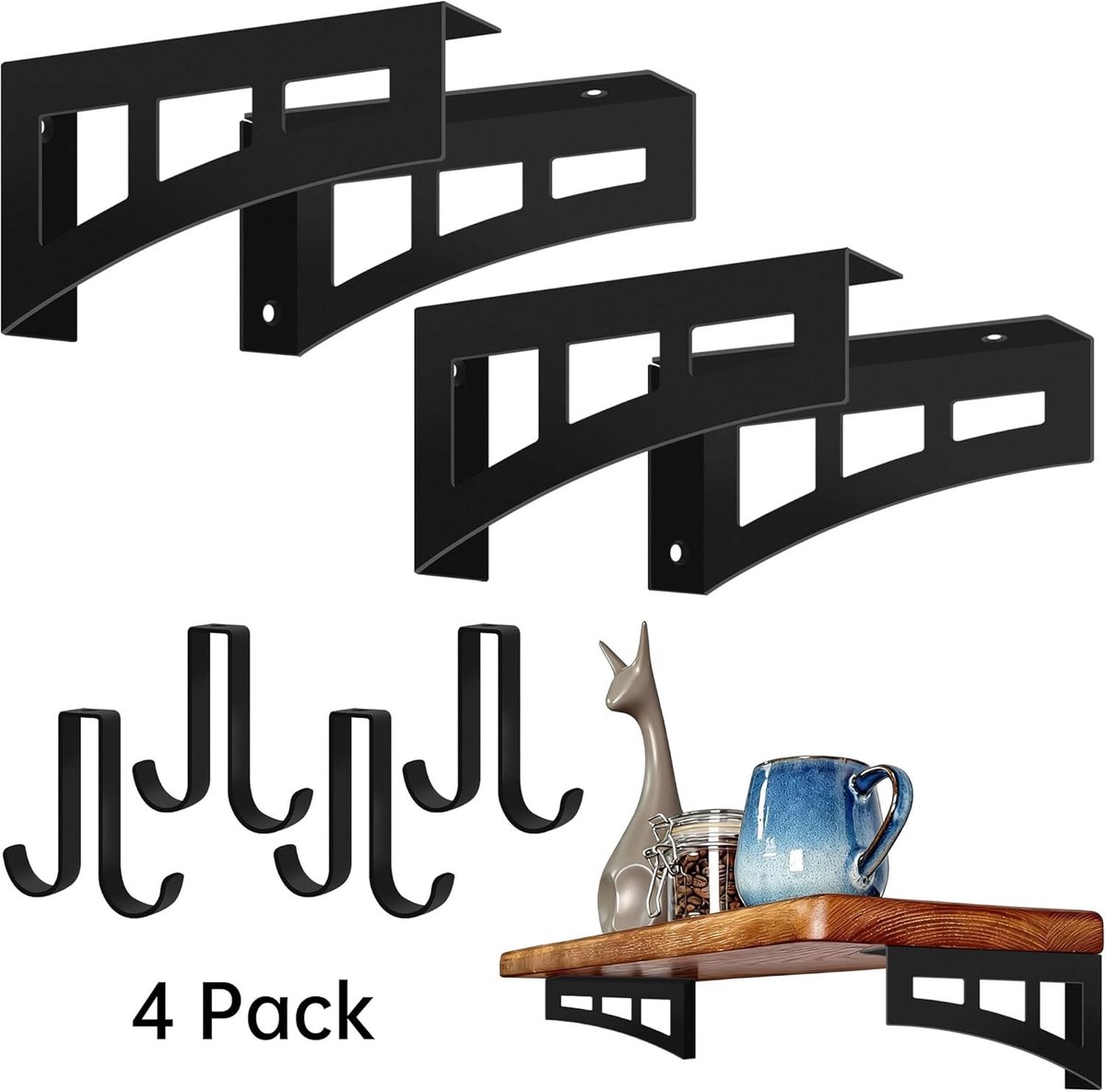 Set van 4 Zwarte Shelf Holders van 15 cm met Onzichtbare Hoekverbindingen voor Rustieke en Industriële Planken, Ideaal voor DIY Projecten en Ruimtebesparing