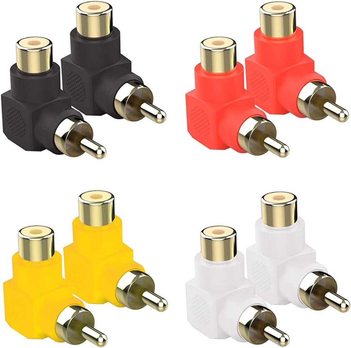 SnelShoppen - 8 Stuks Gouden RCA Mannelijk naar Vrouwelijk Adapters, 90 Graden Hoekverbinding, Geschikt voor Audio/Video, Kleuren: Rood/Zwart/Wit/Geel