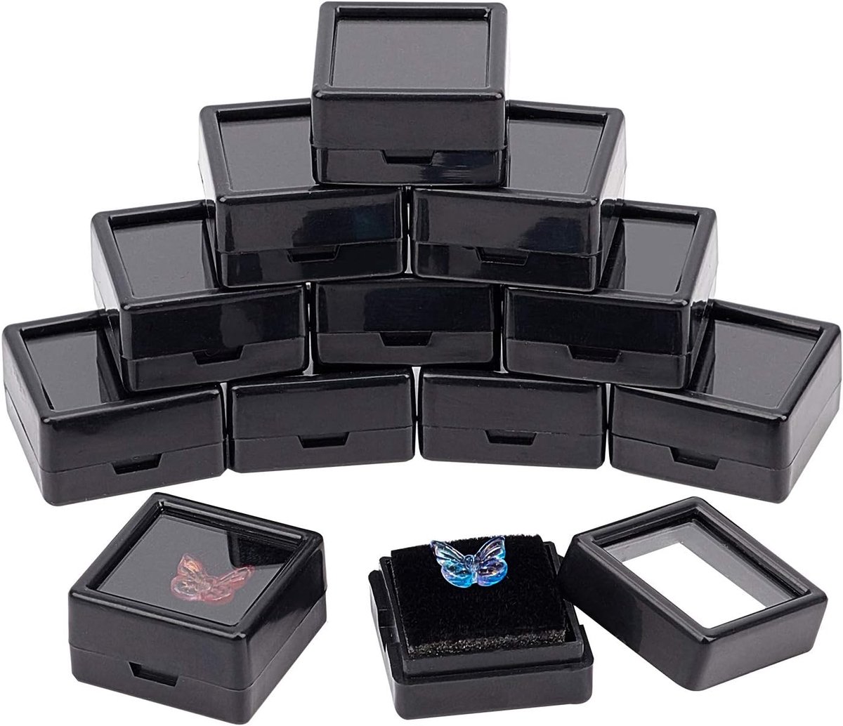 SnelShoppen - 36 Stuks Zwarte Gemstone Display Dozen Vierkant Acryl Sieradenbox Container (3 x 3 x 1.5 cm) met Duidelijke Deksel en Spons Binnen voor