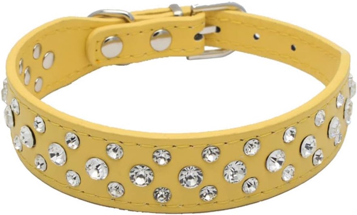 SnelShoppen - Bling Rhinestone PU Leer Crystal Diamant Hondenhalsband Zwart M Geel S M L XL - Verstelbaar met Strass Steentjes voor Honden en Katten