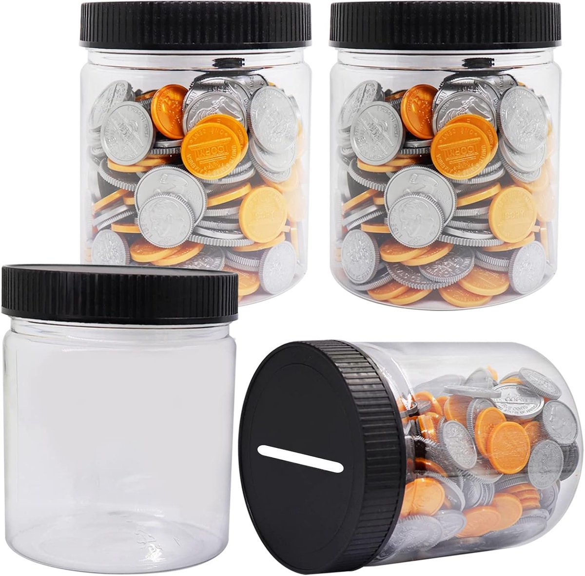 SnelShoppen - Piggy Bin, Kleine Transparante Spaarpotten voor Munten, Plastic, Set van 4, Voor Kinderen, Transparant, Educatief, 4 Slotdeksels