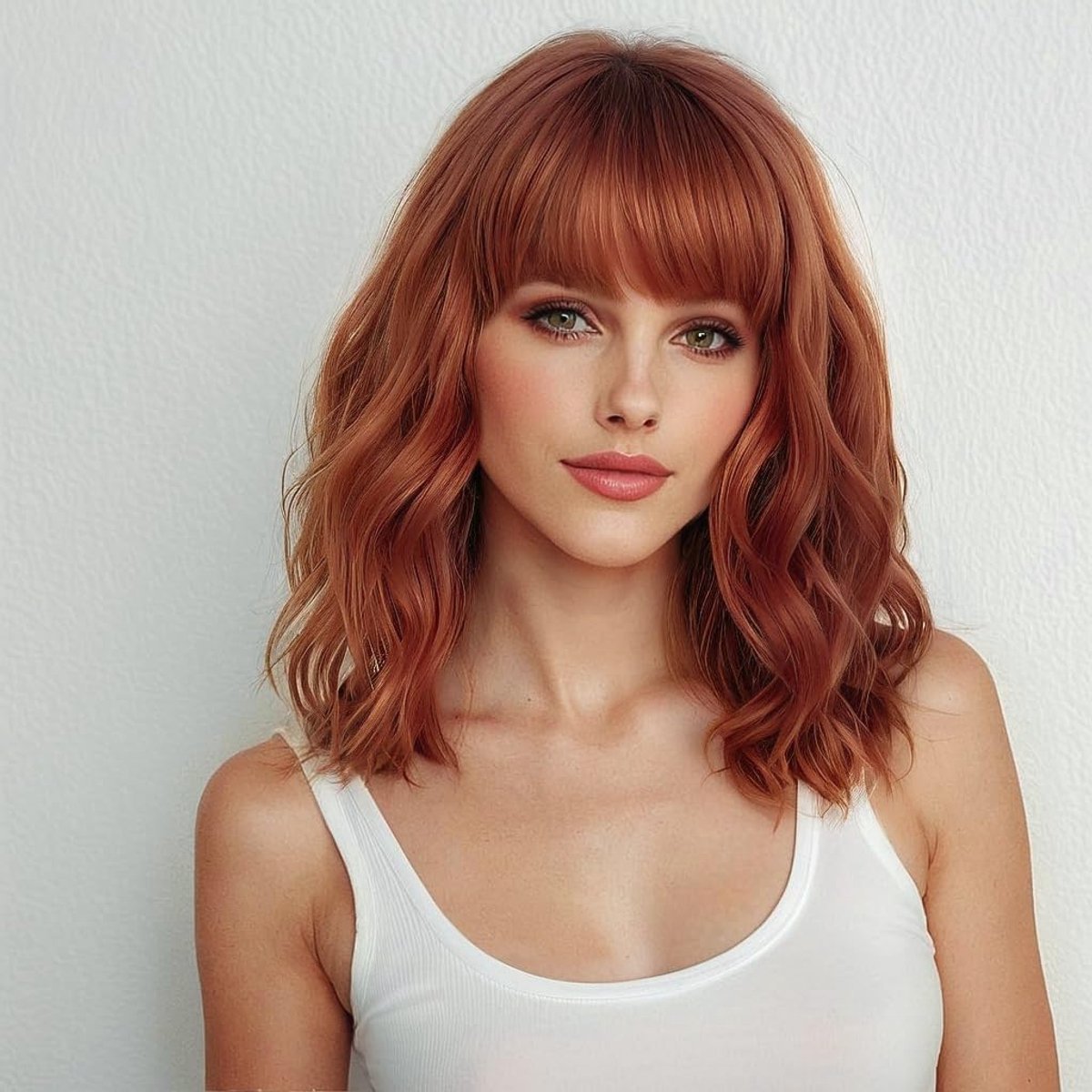 Women's Short Bob Orange Curly Wig with Natural Bangs Auburn Red Brazilian Hair Wavy Wavy 35 cm - ShopVlot