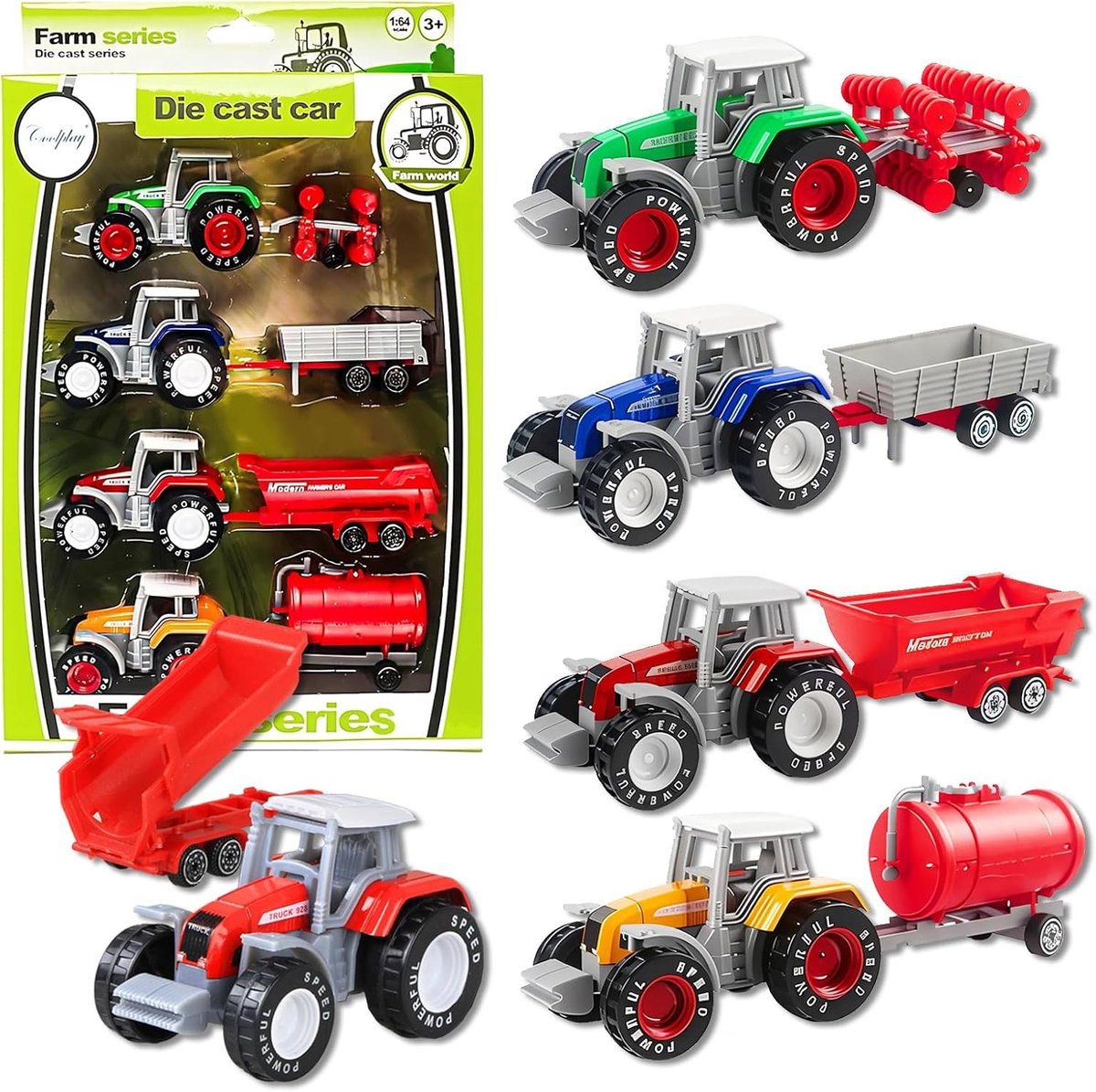 Metalen tractorset met afneembare hanger, 4-delig boerderijtractorspeelgoed voor kinderen, robuuste tractor modellen van metaal en kunststof, ideaal cadeau voor jongens en meisjes vanaf 3 jaar