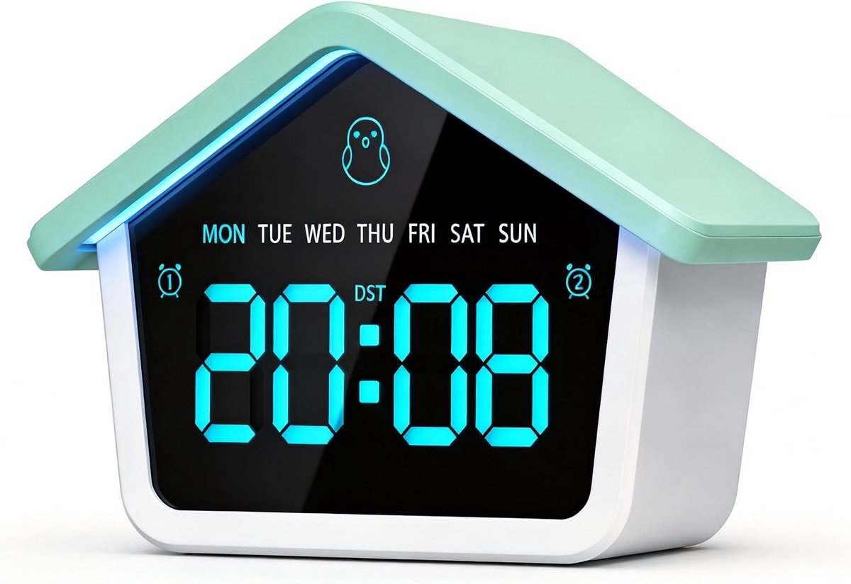 Bobypet - Digitale Kinderwekker met Nachtlampje - Schattig Huisje Design LED Wekker - Dubbel Alarm, 8 Kleuren Regenboog Licht, Automatische Dimmodus - Cadeau voor Kinderkamer