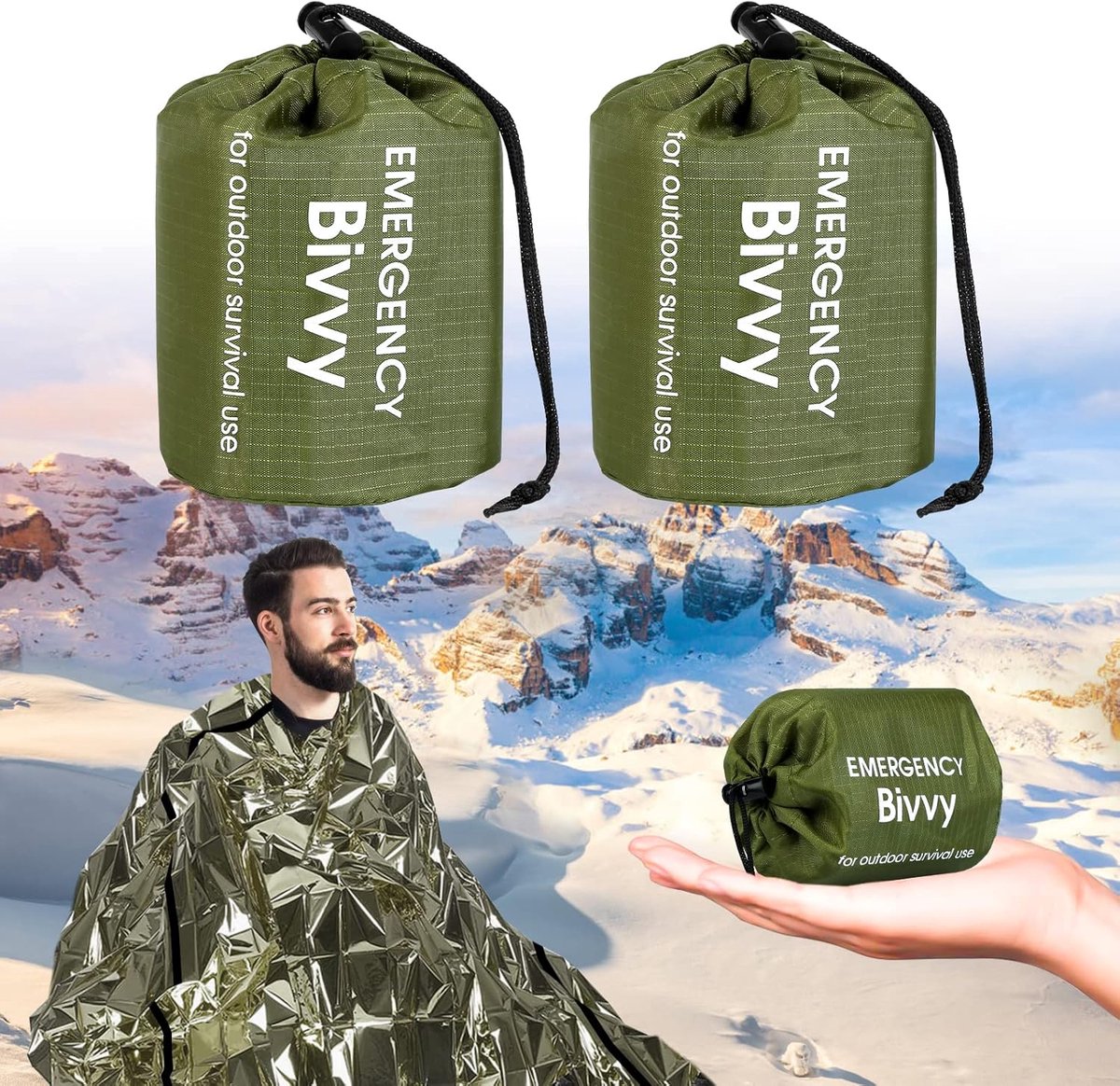 SnelShoppen - 2 x Survival Slaapzak, Herbruikbare Overlevingsdeken, Slaapzak, Overlevingszak, Outdoor Kamperen en Wandelen, 213 x 155 cm, Oranje, Voor