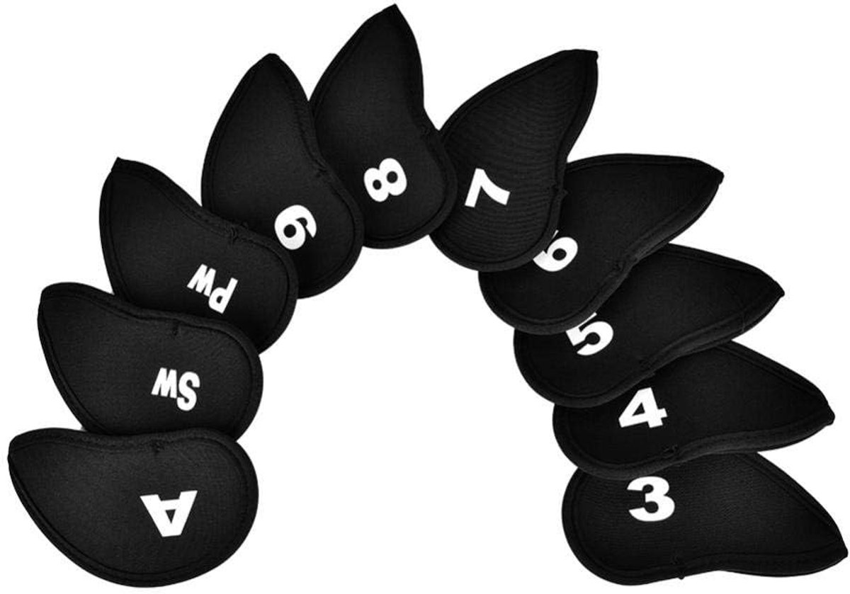 SnelShoppen - 10x Neopreen Golfclub Covers voor IJzers - Waterproof Beschermhoezen met Aantallen en Letters - Zwarte Golfaccessoires