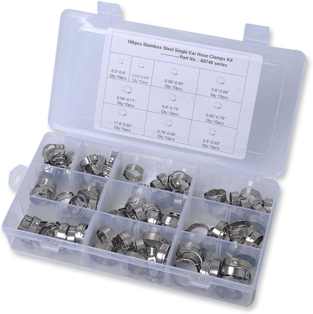 SnelShoppen - 100-Delige Slangenklemmen Set, Stepless 304 RVS Enkel Oor Klemringen, 10-Voudig Gesorteerde Kit, Pijp Klem voor Sanitaire en Watervoorzi