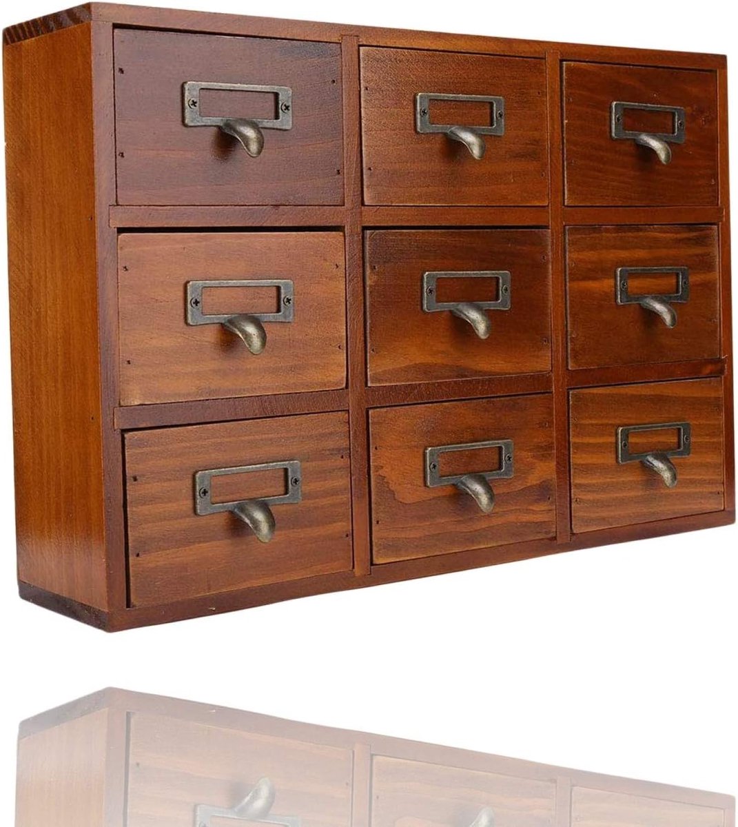 SnelShoppen - Vintage Apothekerskast Houten Opbergdoos met 9 Lades, Organisator voor Sieraden en Make-up, Sterke Handgreep van Vurenhout, 37,5x25,5x10