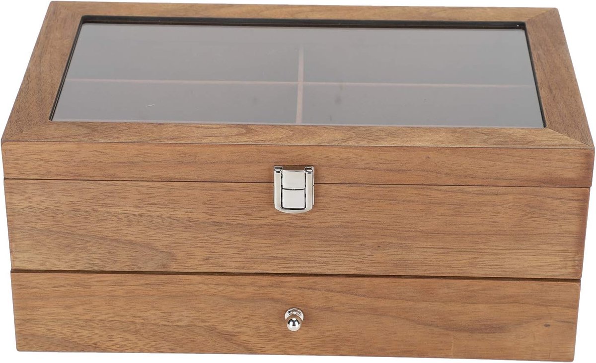 SnelShoppen - 12 Slot Glazen Box, Brillen Displaykast, Dubbele Laag Houten Opberg Organizer Vintage Brillen Organizer, Stijlvol en Elegant