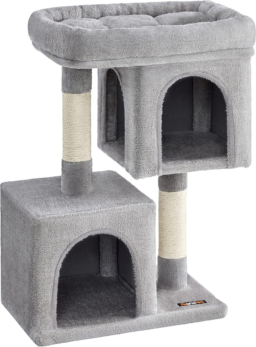 Feandrea PCT612W01 Kattenboom, Speeltoren 74 cm, M, Huis voor katten tot 5 kg, Groot platform, 2 nissen, Krabpaal, Lichtgrijs