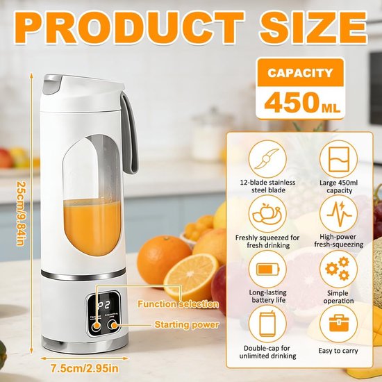 Draagbare Smoothiemaker - Mini Blender - Verse Drankjes Maken - 12 Roestvrij Stalen Messen - 450 ml - Wit — afbeelding 3