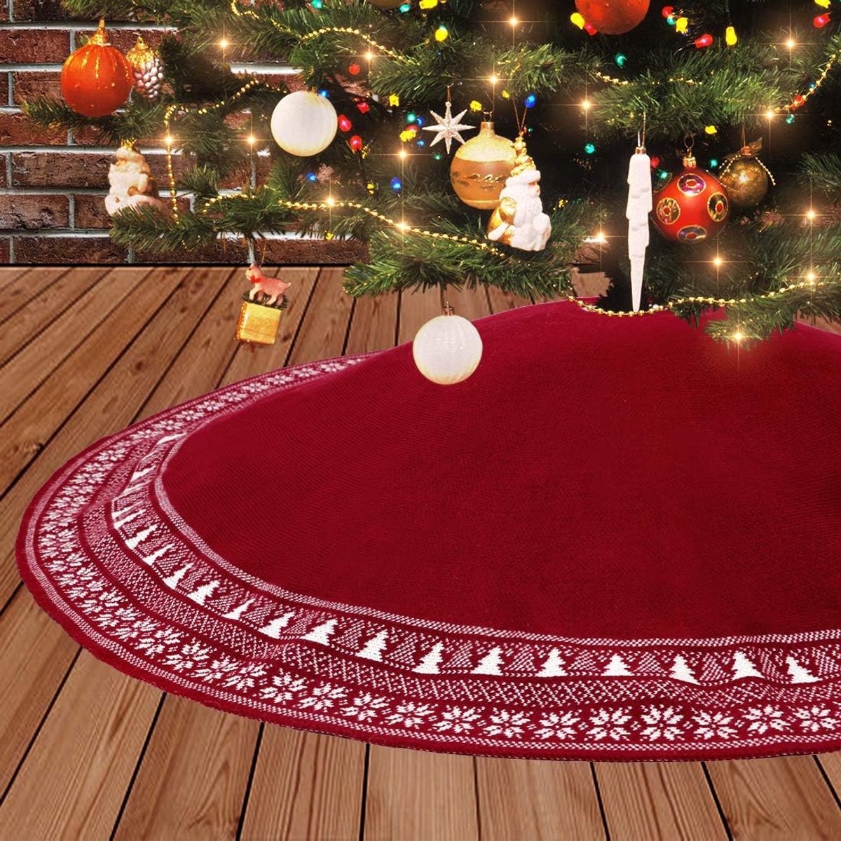 Kerstboomrok 122 cm - Kabelgebreid - Rustiek met sneeuwvlokken - Perfecte feestdecoratie - SnelShoppen