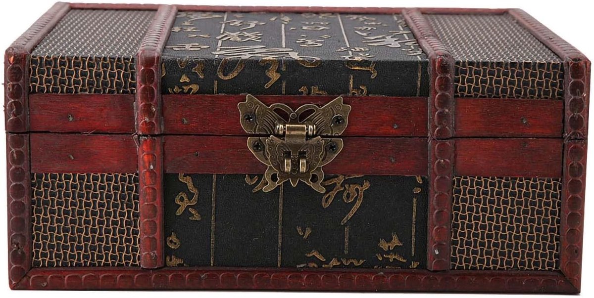 SnelShoppen - Vintage Houten Sieradenbox, Retro Antieke Schatkist met Slot, Chinese Stijl, 23 x 16 x 10 cm, Voor Sieraden en Snuisterijen